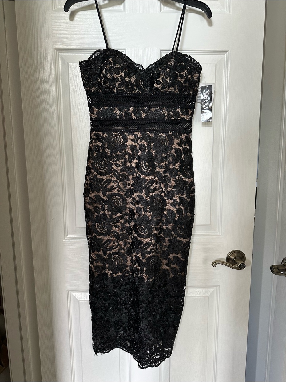 Xscape Black Lace Midi Dress with Nude Underlay